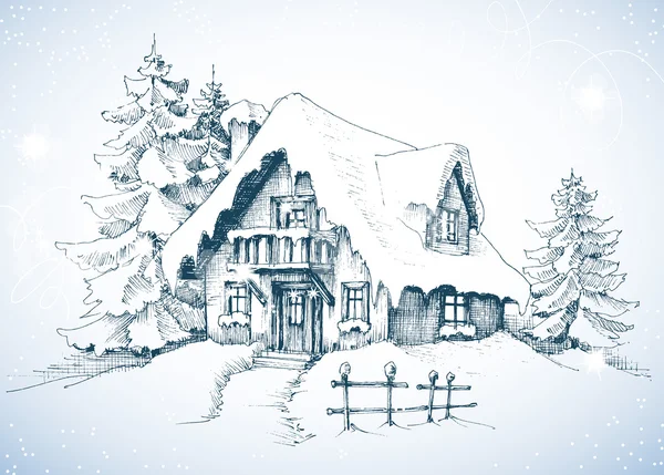 冬の牧歌的な風景、松の木と雪の中の家 — ストックベクタ