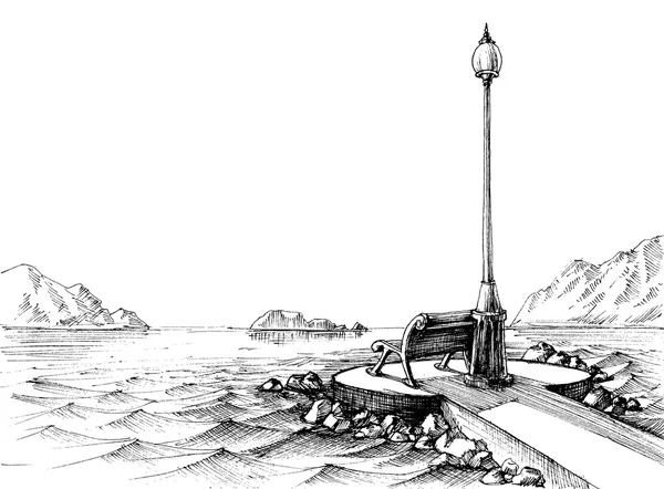 Un banc au bord de la mer, croquis du paysage marin — Image vectorielle