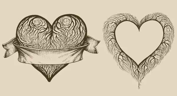 Набір графічних сердець з гілками дерев і простором для тексту — стоковий вектор