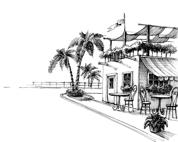 Restaurante tradicional junto al mar boceto de la orilla — Vector de stock