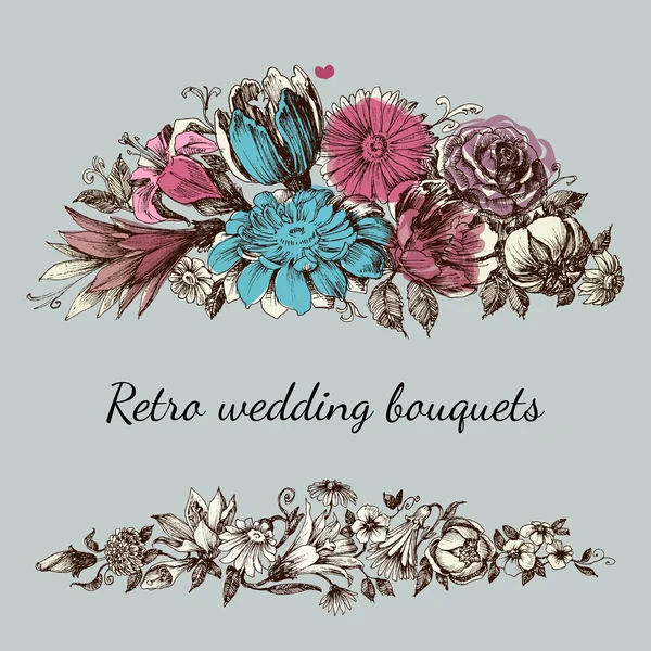 Retro wedding flower bouquets, floral garden design elements — Stock Vector