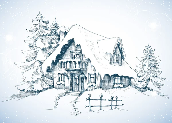 Winter idyllic landscape, pine trees and house in the snow Vector Graphics