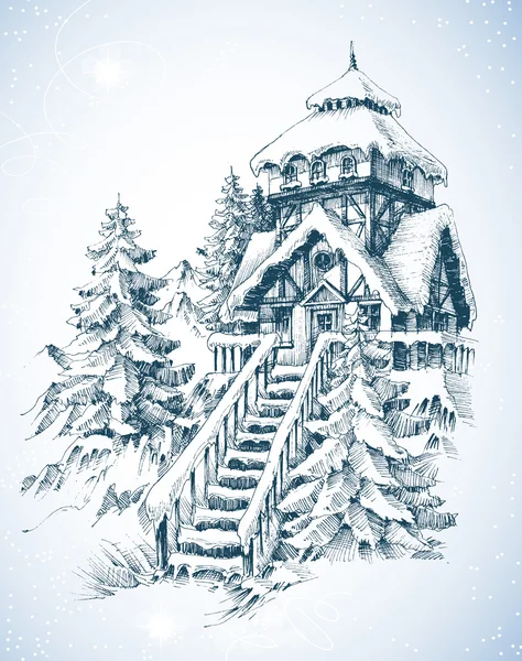 Winter nature, pine trees and house in the snow sketch — Stock Illustration Winter nature, pine trees and house in the snow sketch Vector Graphics