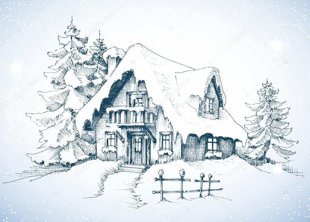 Winter idyllic landscape, pine trees and house in the snow 