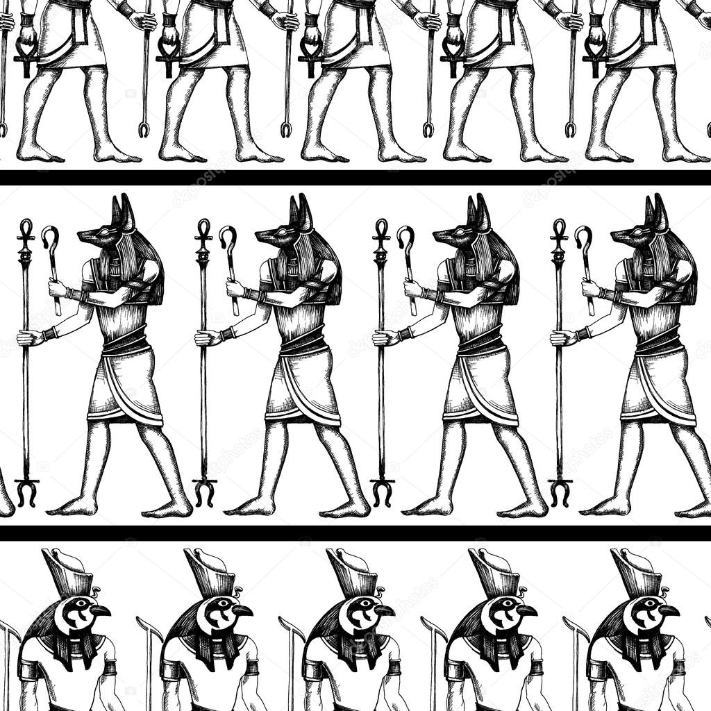 Egyptian hieroglyphics graphic seamless pattern