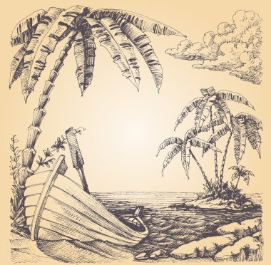 Boat on sea shore, tropical island and palm tree clipart