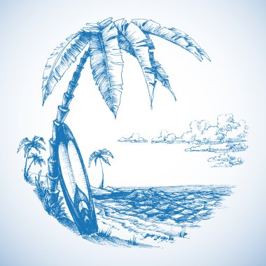 Surfing background, palm trees and sea view clipart