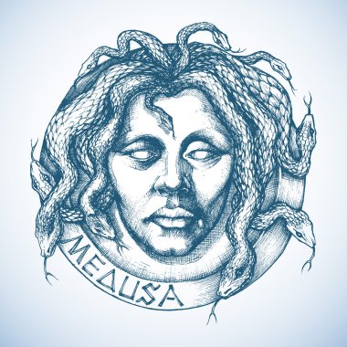 Mitolojik Medusa portre saç yerine yılan ile kroki