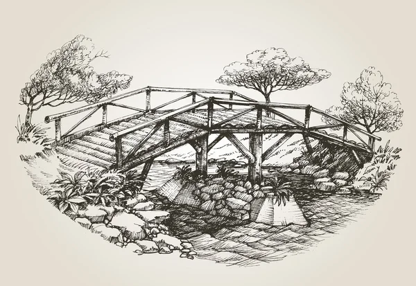 Nehir kroki üzerinde köprü — Stok Vektör