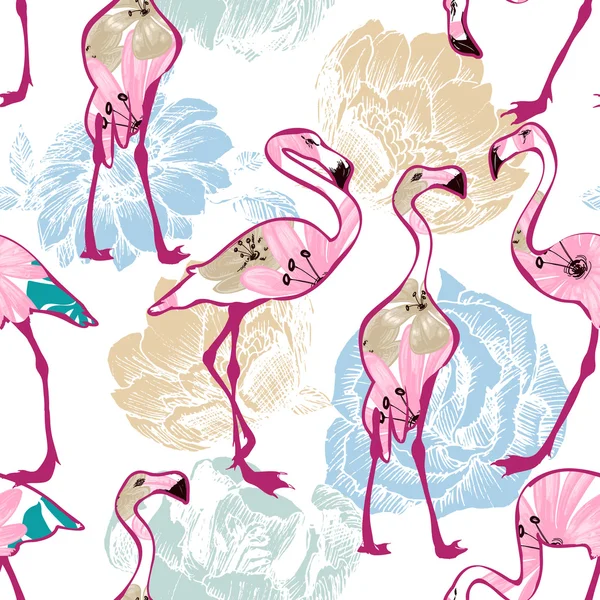 Exotic seamless pattern, flowers and flamingos — Stock Vector