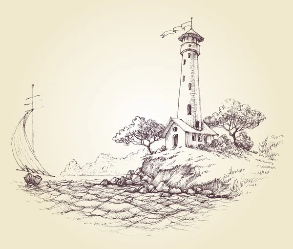 Lighthouse vector drawing, seascape and sailboat at sea, travel