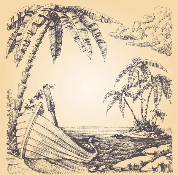 Bateau au bord de la mer, île tropicale et palmier — Image vectorielle
