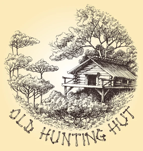 Old hunting hut in the woods round decoration vector — Stockový vektor