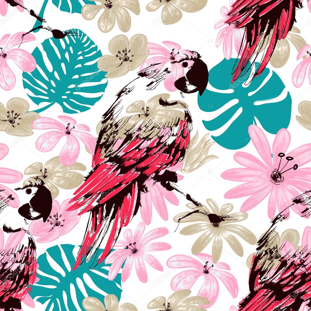 Exotic summer seamless pattern, flowers leaves and parrots