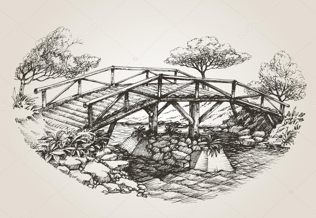 Bridge over river sketch