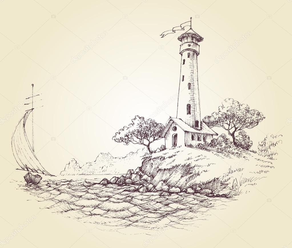 Lighthouse vector drawing, seascape and sailboat at sea, travel 