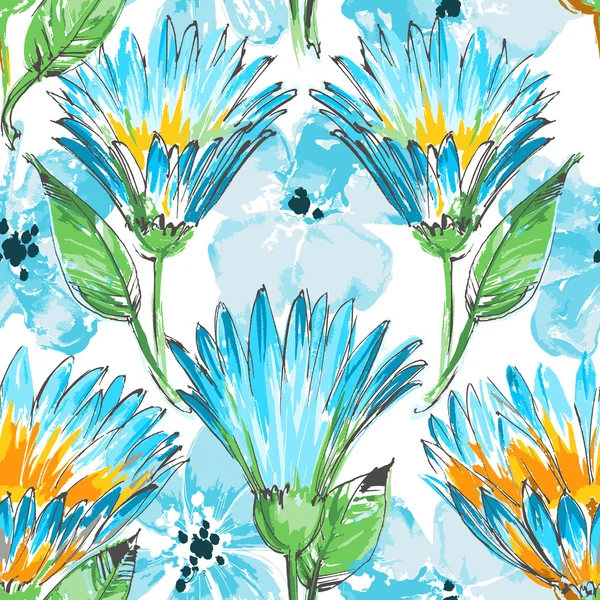 Flores azules patrón sin costura — Vector de stock