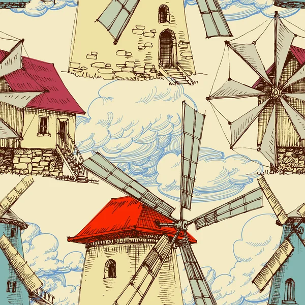 Ветряная мельница рисунок, небо и облака фон — стоковый вектор