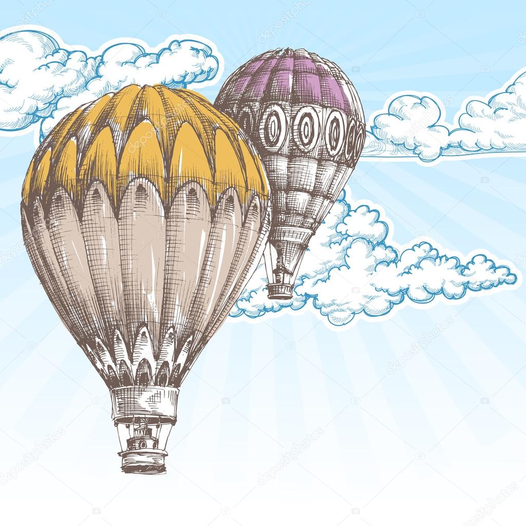 Hot air balloons in the blue sky retro background