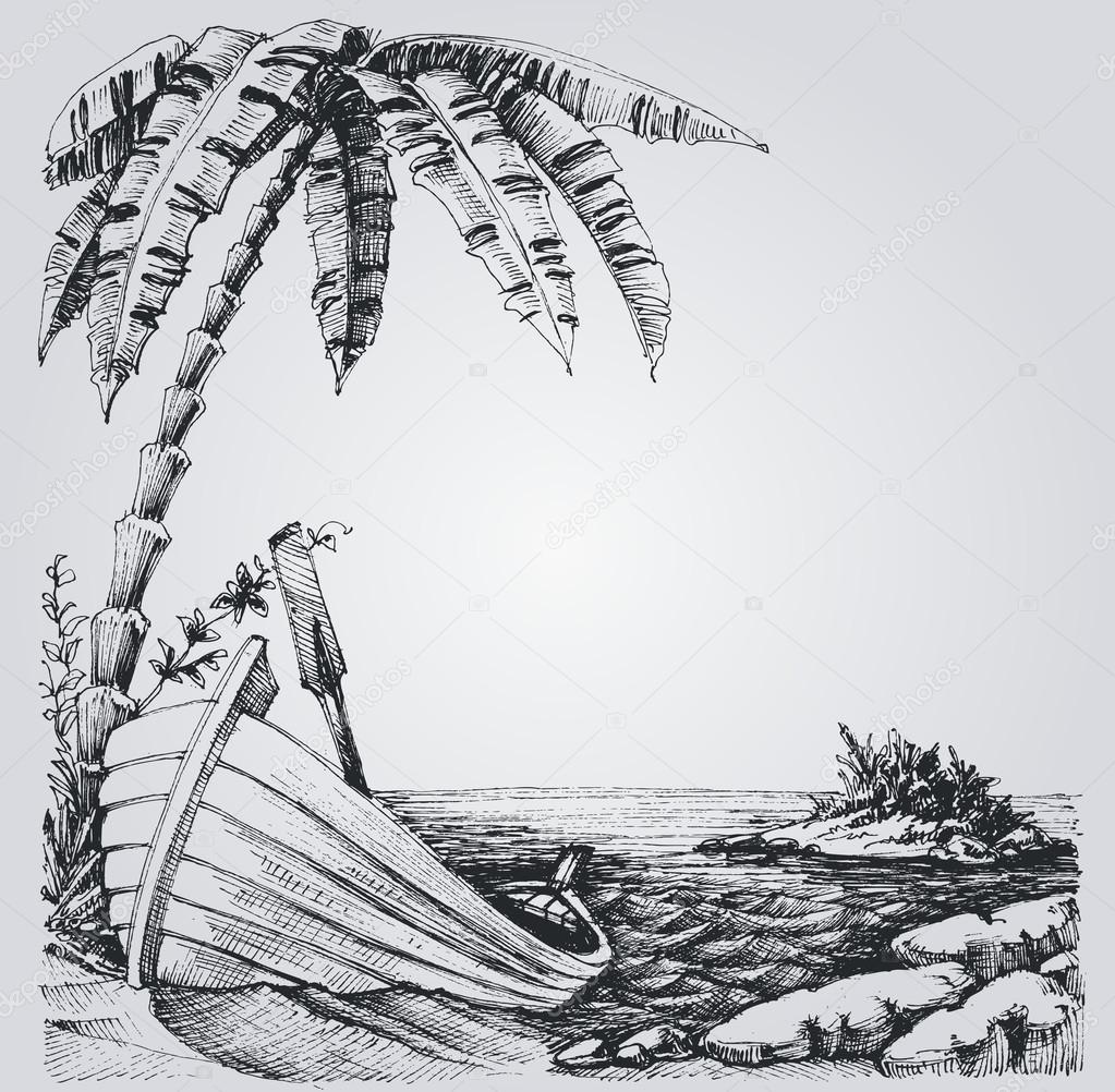 Tropical island sketch, sea shore, palm trees and boat summer de