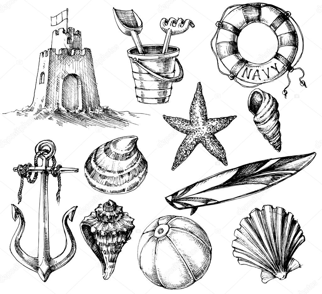 Summer collection, marine life and beach toys drawings Stock