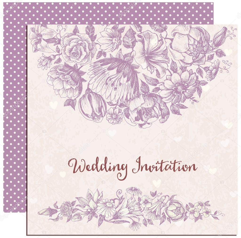 Retro wedding invitation, floral decorations