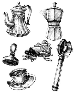 Coffee and coffee making set, retro style clipart