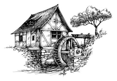 Old water mill sketch clipart