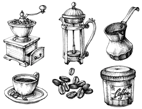 Koffie pictogrammen hand getrokken set — Stockvector