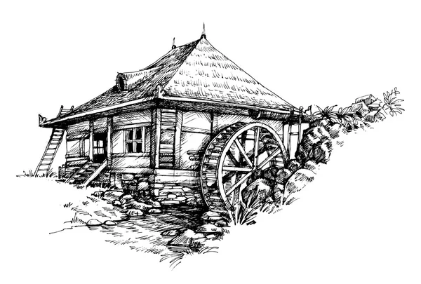 Moulin à eau illustration artistique dessinée à la main — Image vectorielle