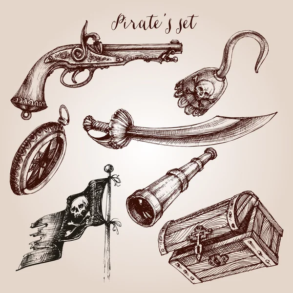Conjunto pirata dibujado a mano de elementos de diseño — Vector de stock
