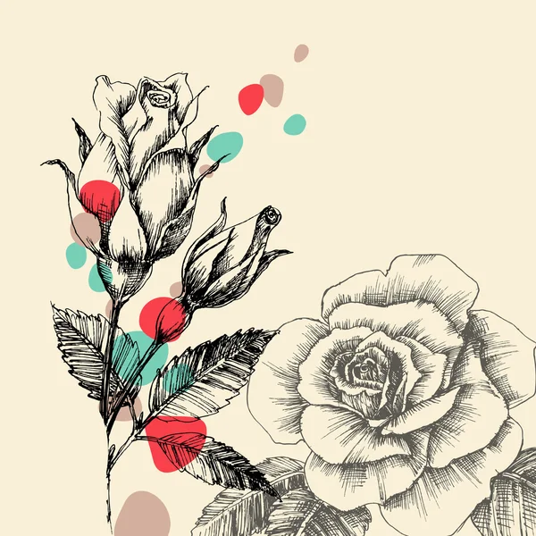 Cartão de saudação floral, retro mão desenhada rosas com gotas de cor — Vetor de Stock