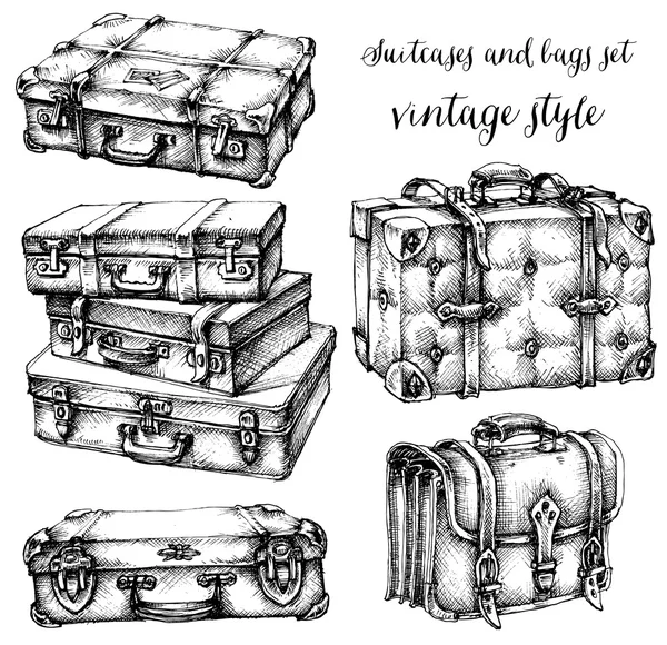 Ensemble de valises et sacs icône, dessinés à la main dans un style vintage — Image vectorielle