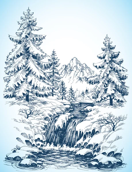 Winter snowy landscape, pine forest and river in the mountains — Stock Vector