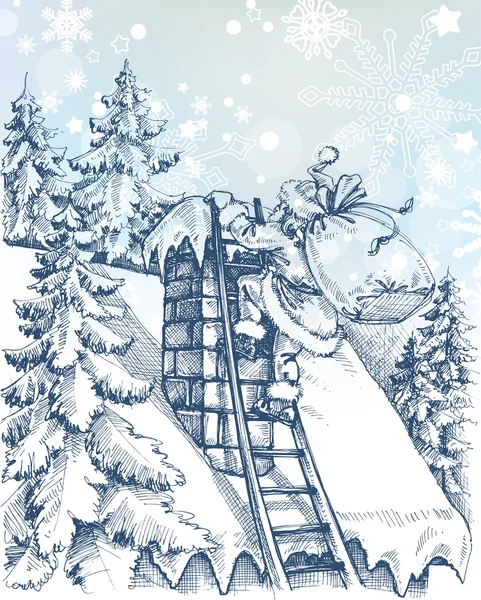 Christmas scene, Santa climbing a chimney Stock Vector