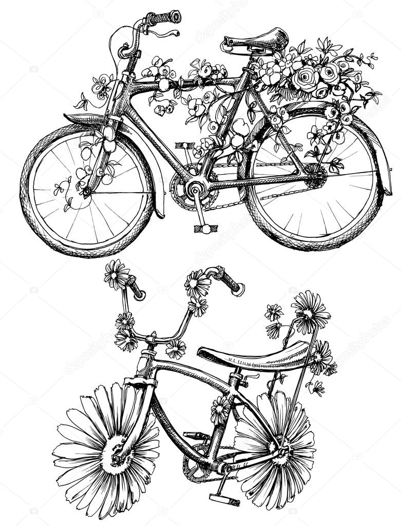 Bikes with flowers drawings set