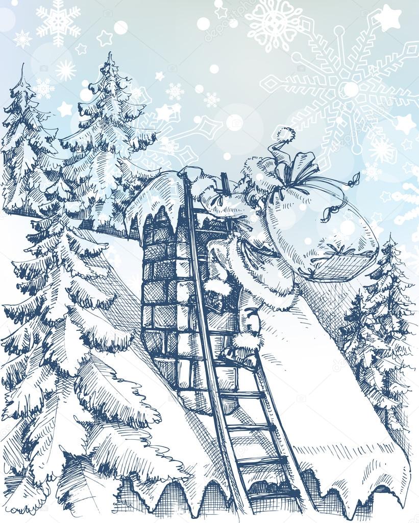 Christmas scene, Santa climbing a chimney
