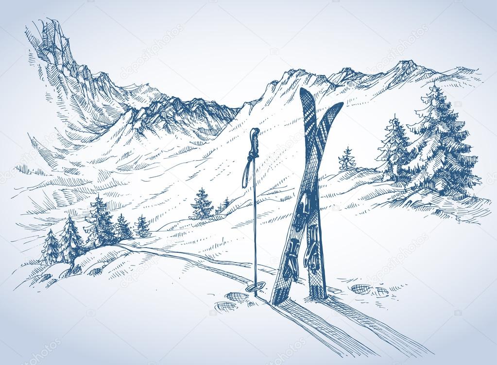 Ski background, mountains in winter season