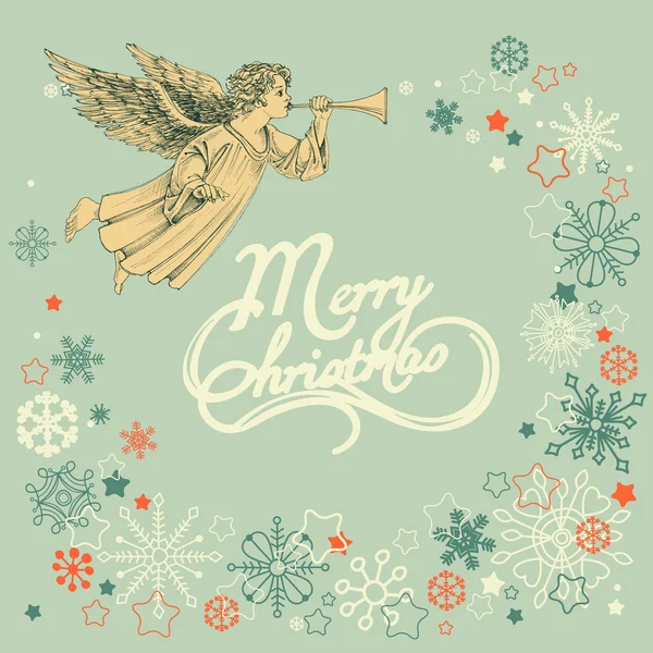 Рождественские открытки, рама ангела и снежинки — стоковый вектор