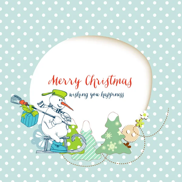 Рождественская открытка, смешной снеговик доставляет подарки — стоковый вектор