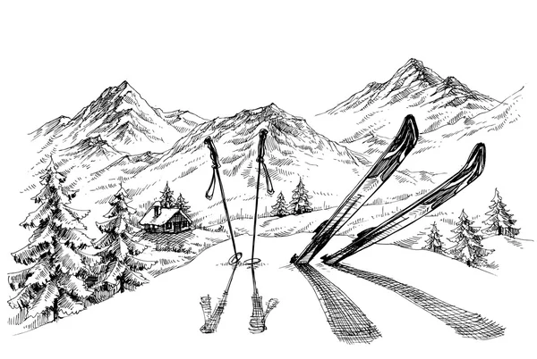 Vacances à fond de ski, panorama montagne en croquis d'hiver — Image vectorielle