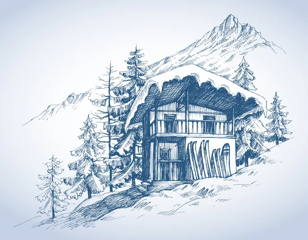 Ski hut in mountains resort — Stock Illustration Ski hut in mountains resort Vector Graphics