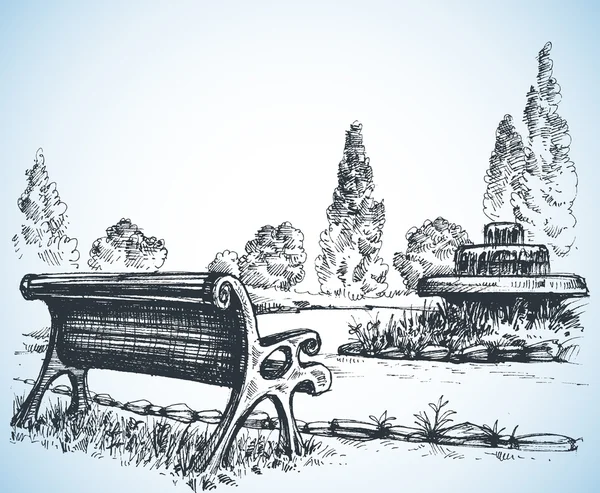 Park sketch, a fountain and bench — Stock Vector