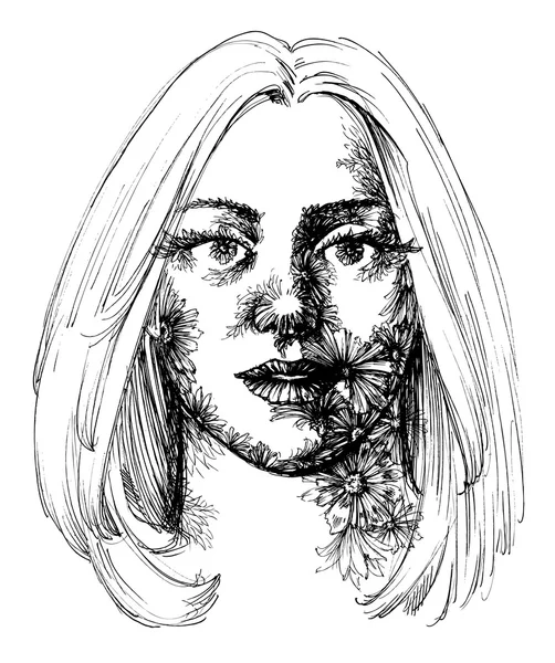 Portrait de femme, croquis décoration fleurs — Image vectorielle