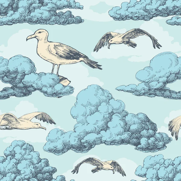 Sky seamless pattern, clouds and birds — Stock Vector