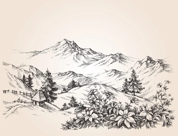 Desenho de paisagem de montanhas — Vetor de Stock