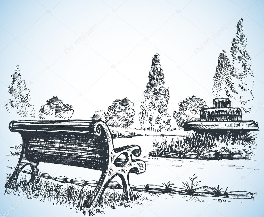 Park sketch, a fountain and bench