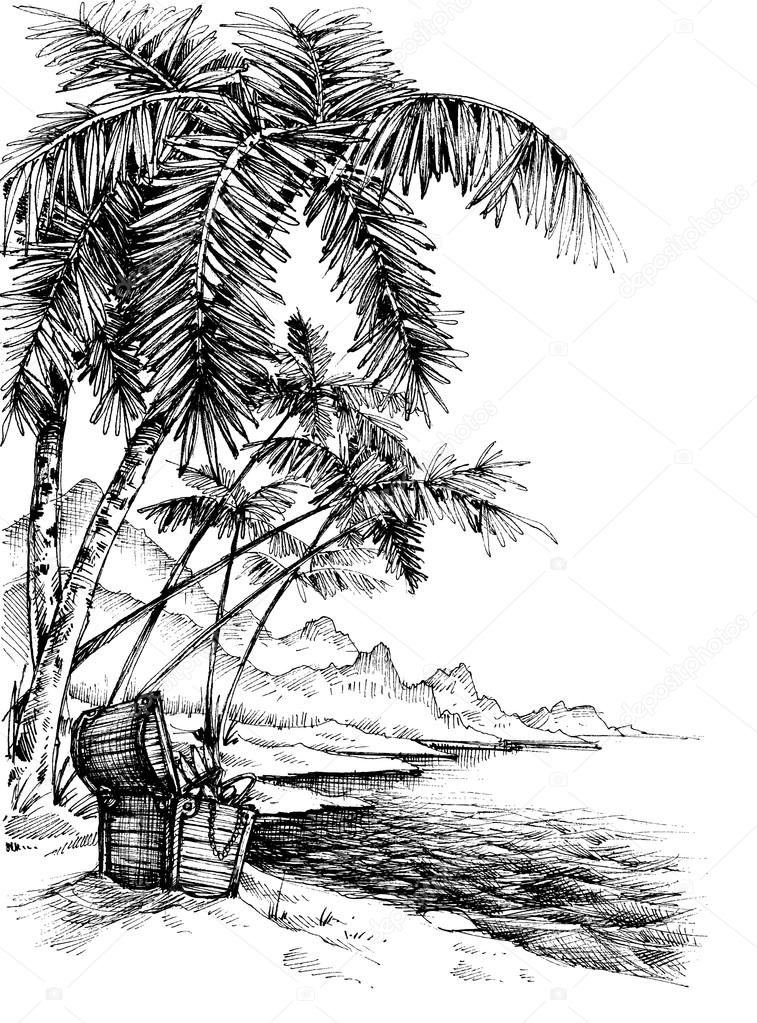 Treasure island sketch. Beautiful palm trees on sea shore