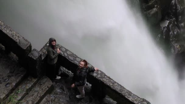 Tourist On Pailon Del Diablo Waterfall — Stock Video