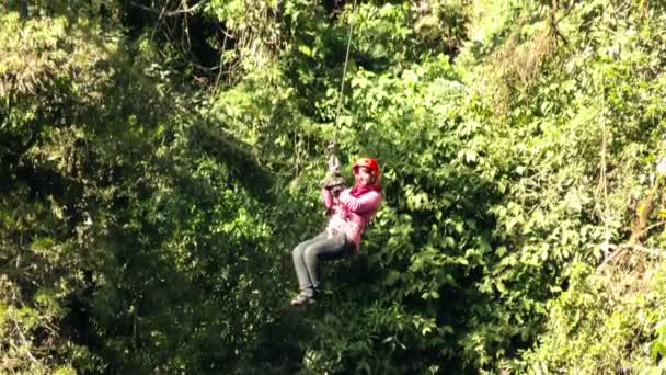 Woman On Zip Line Slow Motion — Stock Video